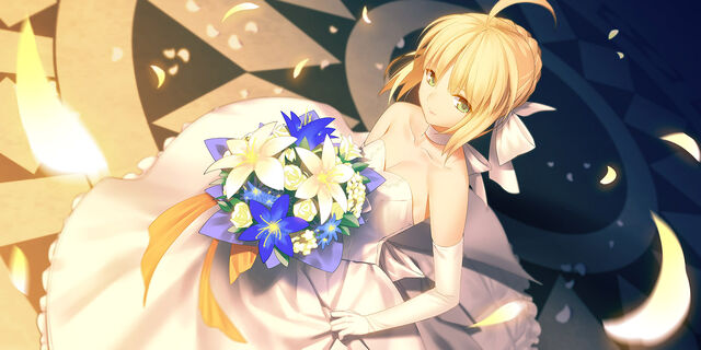 File:Konachan.com - 181207 blonde hair choker dress elbow gloves fate stay night flowers green hair jpeg artifacts saber type-moon wedding attire yangsion.jpg