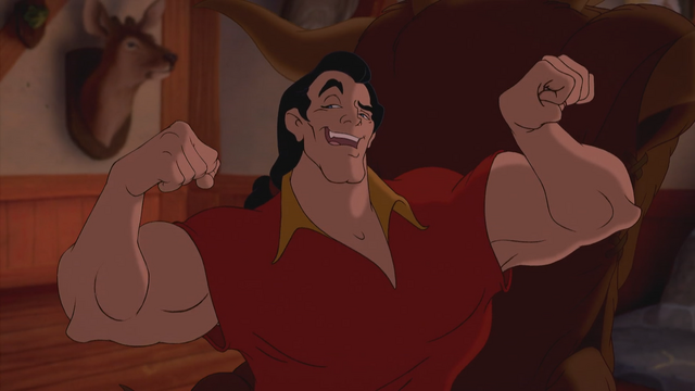 Fichier:La Belle et la Bête (Disney) 1991 séquence chanson Gaston vanité prétention corps muscles bras biceps.png