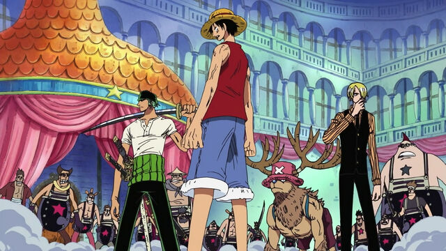 Datei:Die Mugiwara-Piraten im Franky House inmitten des Franky-Clans.jpg
