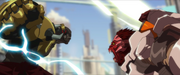 Doomfist and Winston fight in Numbani.png