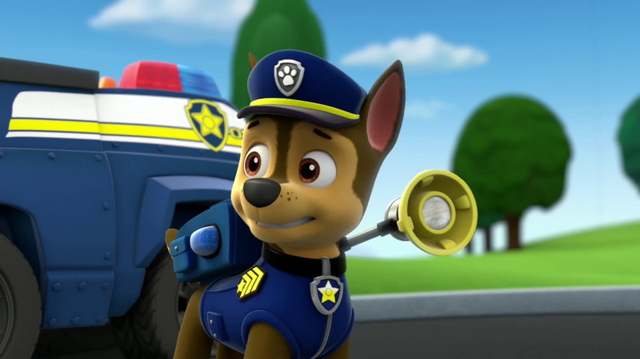 File:Chase, getting ready to call the puppies with his megaphone..png