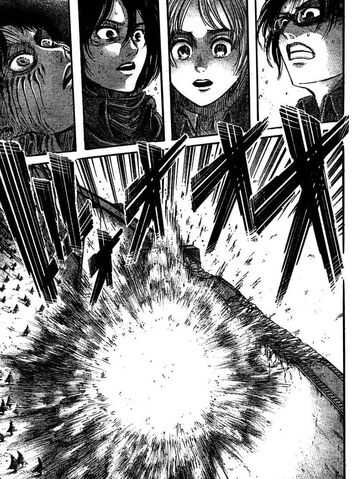 Archivo:El titán colosal genera una explosión al capturar a Eren.jpg
