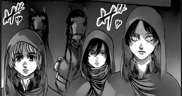 Archivo:Eren, Armin y Mikasa cruzan el bosque próximo a Shiganshina.png