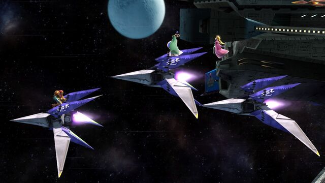 Archivo:Arwings en la Estación Espacial vistas de lado SSB4 (Wii U).jpg