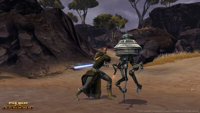 Jedi Knight valt een probe droid aan.jpg