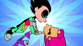 Robin and Starfire lean in to kiss