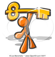 10977-Excited-Orange-Businessman-Holding-Up-A-Large-Golden-Skeleton-Key-Clipart-Illustration