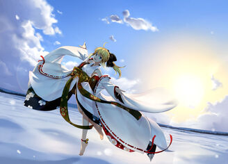 Konachan-com-125970-barefoot-blonde hair-clouds-fate stay night-green eyes-japanese clothes-namonashi-saber-snow