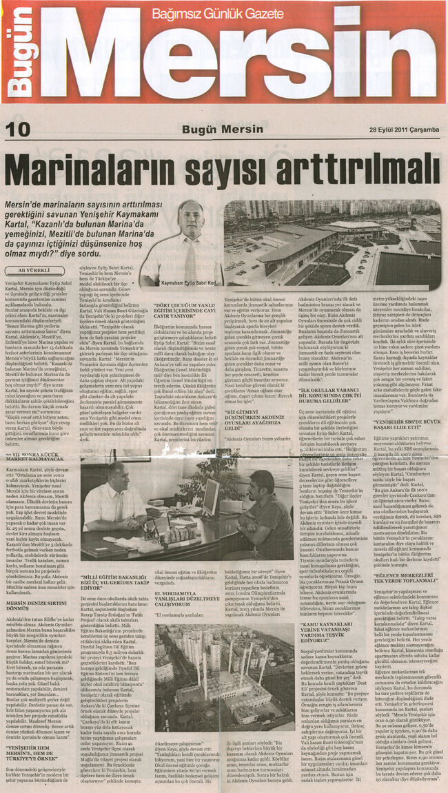Marinaların sayısı artırılmallı 28 Eylül Bugün Mersin Gazetesi Haber tam boyut.jpg